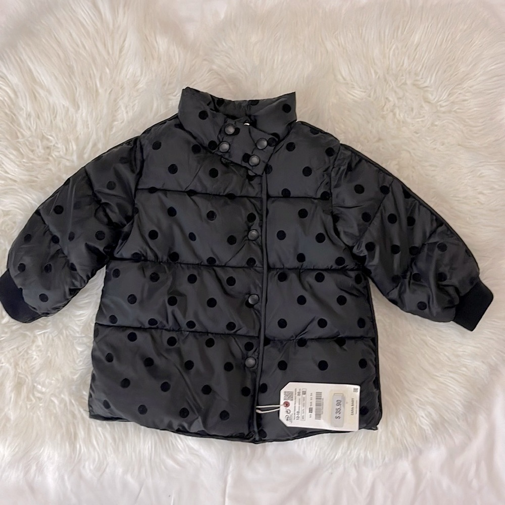 Zara Baby black Puffer with Black Velvet Polkadots.
